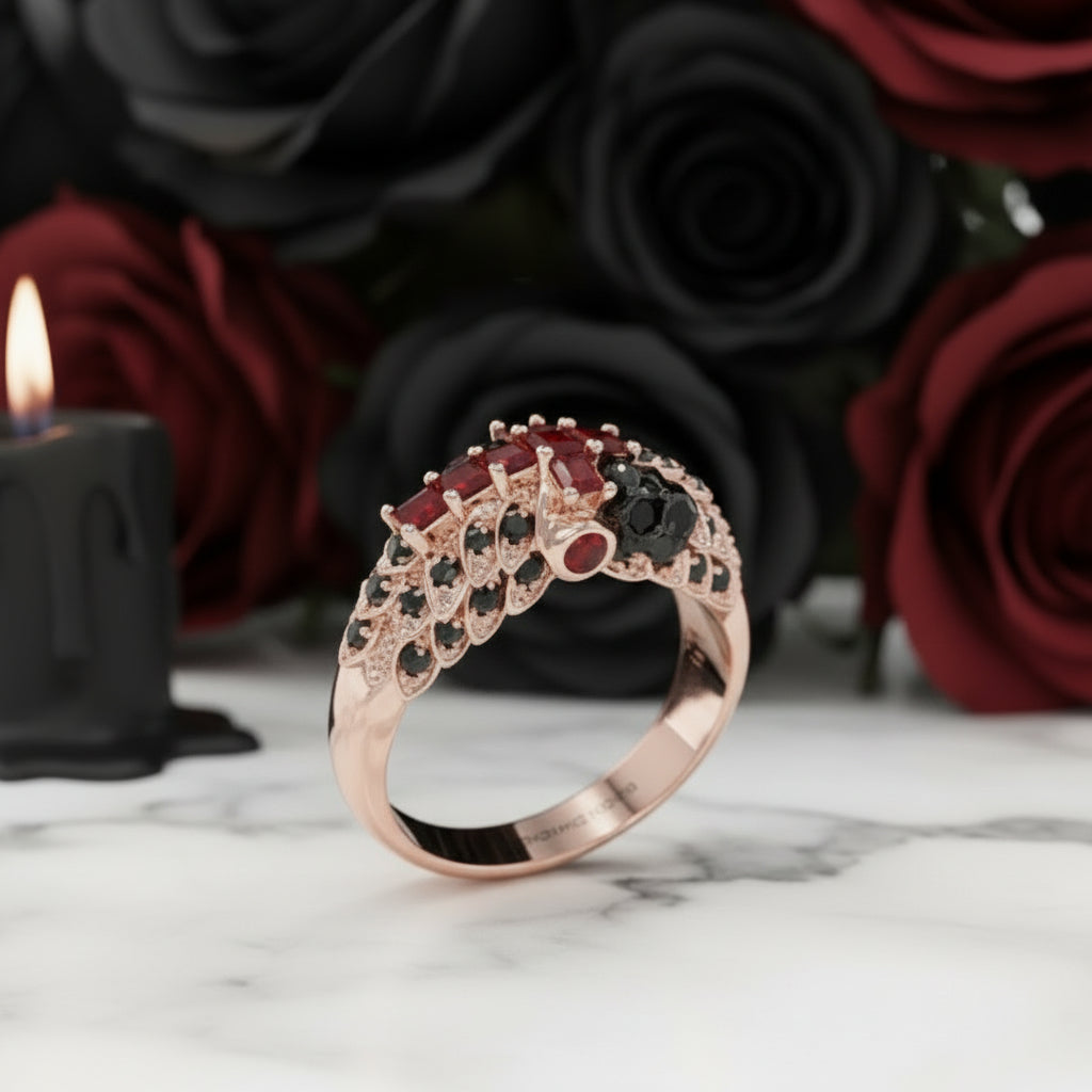 You're My Life- 14K Gold Skull, Cross Black Rose Diamond Option Gothic Promise Ring