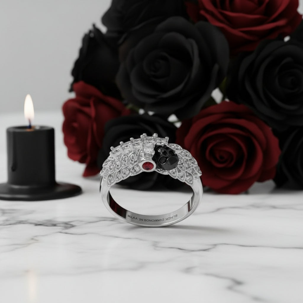 You're My Life- 14K Gold Skull, Cross Black Rose Diamond Option Gothic Promise Ring