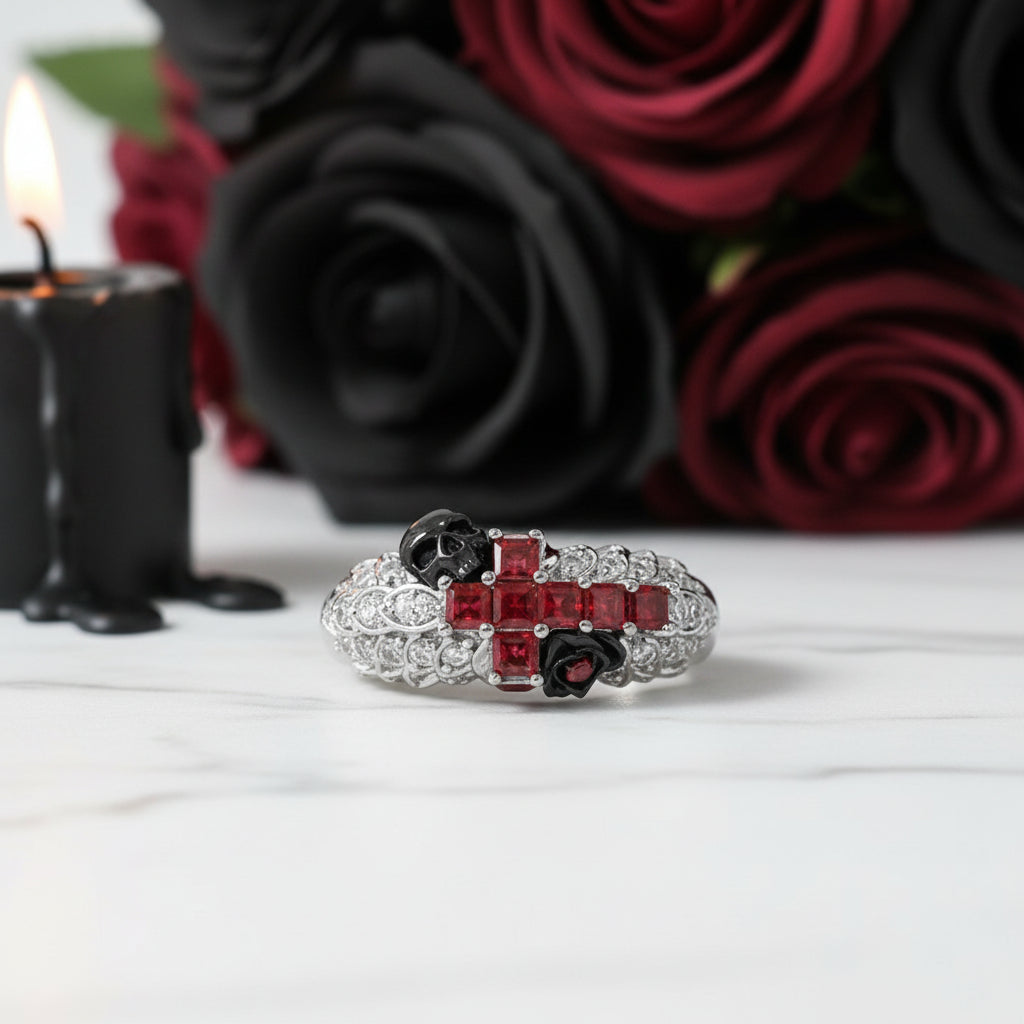 You're My Life- 14K Gold Skull, Cross Black Rose Diamond Option Gothic Promise Ring