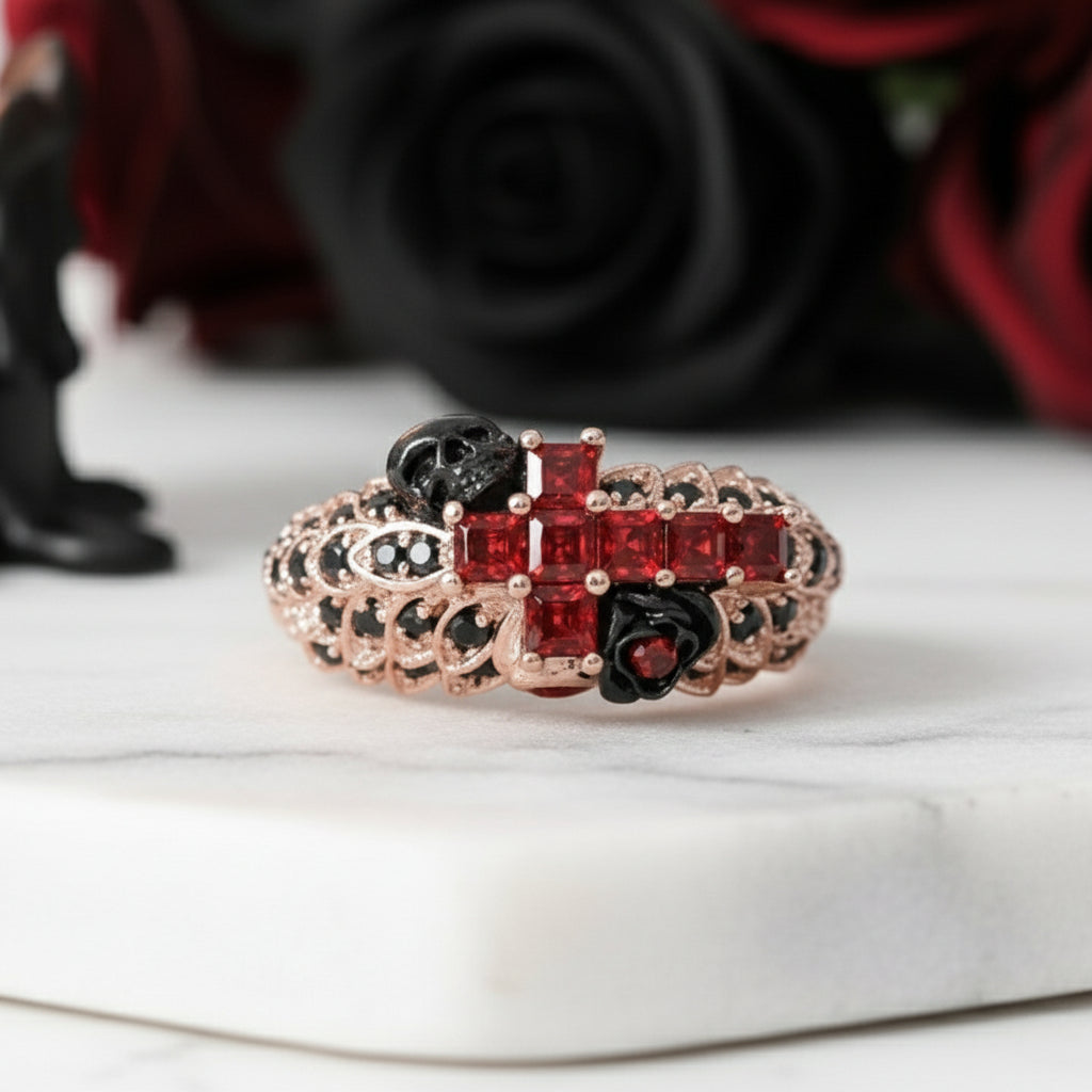 You're My Life- 14K Gold Skull, Cross Black Rose Diamond Option Gothic Promise Ring