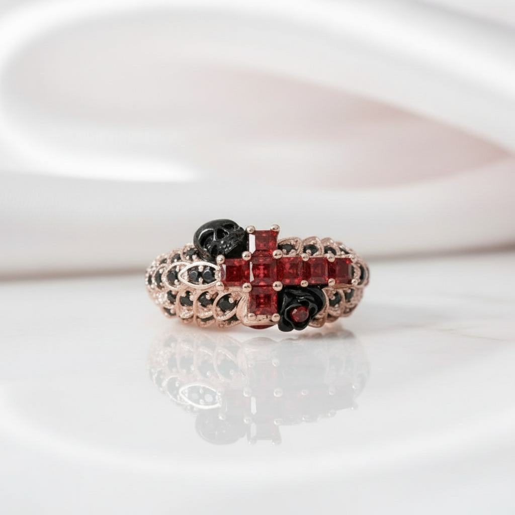 You're My Life- 14K Gold Skull, Cross Black Rose Diamond Option Gothic Promise Ring